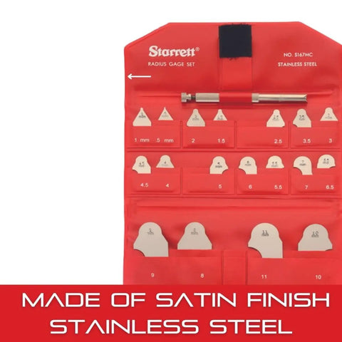 Radius Gauge Set With 110 Holder, Stainless Steel, 22 Gauges Spanning 0.5-7mm And 8-15mm Radius displayed in case