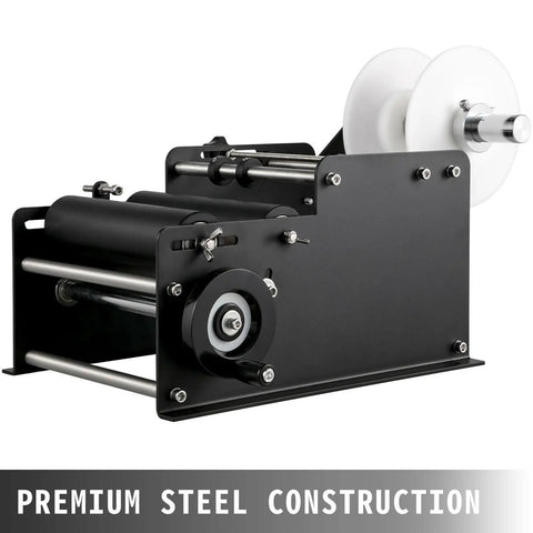 VFLDKRQAWYS MT-30 Semi-Automatic Bottle Labeling Machine For Plastic Glass Metal Round Cylinders DIY Desktop Applicator With Electrical Adhesive Printer And Sturdy Steel Construction Speed Control, showing premium steel construction and rollers.