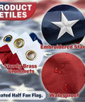 Close-up of All American Patriotic Bunting Flags 4Pack 2x4 Ft Pleated Half Fan Flags for 4th of July with embroidered stars, grommets.