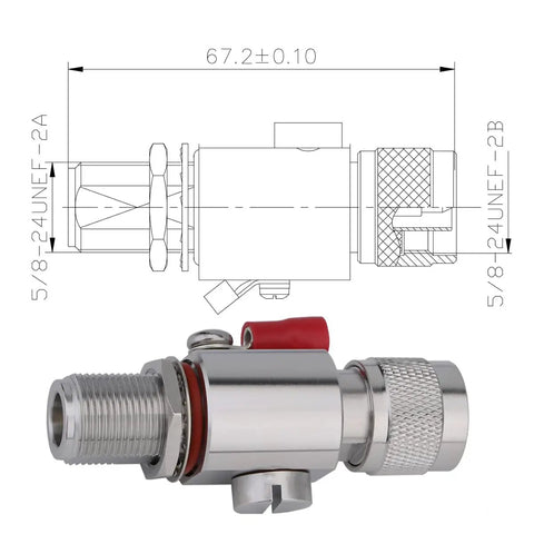 N Type Lightning Arrestor 0-6 GHz 50 Ohm Bi-Directional Protection N-Male N-Female with dimensions and technical drawing