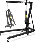 Badass Folding Hydraulic Engine Hoist With Telescopic Boom That Cracks Up To 4400 Pounds, showing black steel frame and casters.