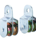Badass Heavy Duty Two Pack One Point Five Inch Steel Double Pulleys Rated Solid For 400 Lbs Zinc Coated, showing two durable pulleys.