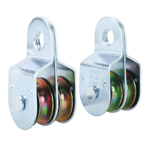 Badass Heavy Duty Two Pack One Point Five Inch Steel Double Pulleys Rated Solid For 400 Lbs Zinc Coated, showing two durable pulleys.