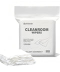Top Shelf Polyester Microfiber Cleanroom Wipes 9X9 Inches 120 Gsm Class 100 Dead Soft Lint Free Reusable Washable Laser Sealed Straight Up Precision Grade For Lab Tech Surfaces Bag Of 150 with packaging and stack of wipes.