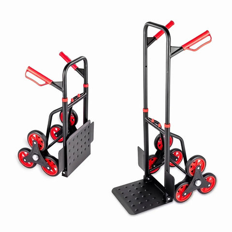 Folding Stair Climbing Hand Truck With Six Wheels Rolling Step Assist For Deliveries And Home Use Durable Carbon Steel Chassis Cart For Apartments Storage Garages, red