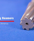Close-up of 5/8 Inch High Speed Steel Spiral Flute Chucking Reamer With Straight Shank DWR Series Model DWRRSP5/8 on blue surface