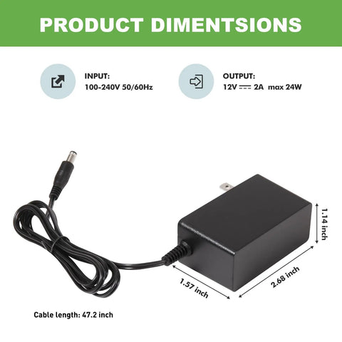 Dimensions of 12V 2A Power Supply AC Adapter Two Pack 24W DC Converter for LED Strip Lights CCTV Cameras Monitors Breast Pumps