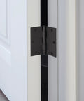 Close-up of Ten-Pack 3.5-Inch Interior Door Hinges With Square Corners Matte Black Heavy Duty Steel Construction mounted on door