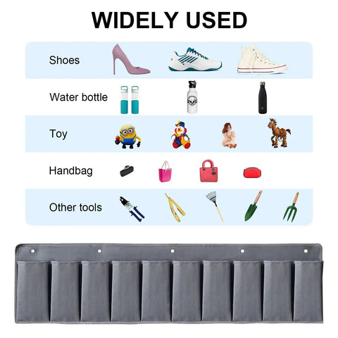 Overbed Hanging Shoe Organizer With Ten Pockets And Sturdy Hooks For RV And Bedroom Storage showing diverse uses