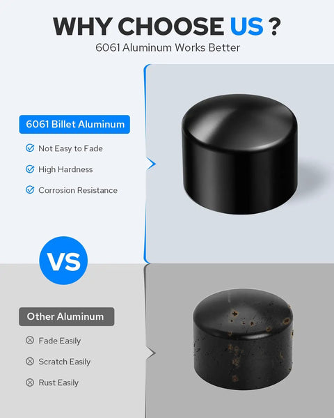Comparison of 6061 billet aluminum versus other aluminum showing fade, scratch, and rust resistance differences.