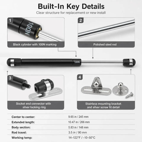 Set Of 4 Straight Up Heavy Duty Gas Struts With Smooth As Butter Operation 22.5 Pound Lift Force And 10 Inch Length Gas Springs displayed in detail with measurements and connections.