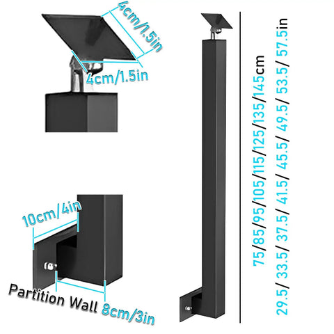 Heavy Duty Square Wrought Iron Railing Spindles With 90 Degree Curved Base For Deck Porch Safety Run Your Stairs Right No Hassle Side Mount Install Indoors Outdoors Rock Solid Guardrail Kit, detailed view with dimensions.