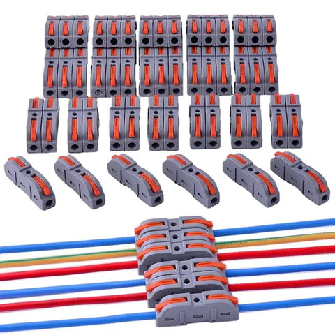 50 Pack Lever Wire Connectors Inline Push-In Splice Connectors for Quick Connect 28-12 AWG, gray with red levers, wires connected