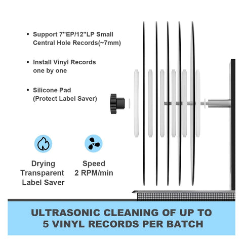 Fully Automatic 6L Ultrasonic Vinyl Record Cleaner With Sturdy Bracket For 7 To 12 Inch Lp Records Delivers Straight Fire Audio With Total Ease Rapid Cycle Tech Guards Deepest Grooves For Your Top Shelf Music Vault Every Single Day, side view showing five vinyl records and silicone label saver.