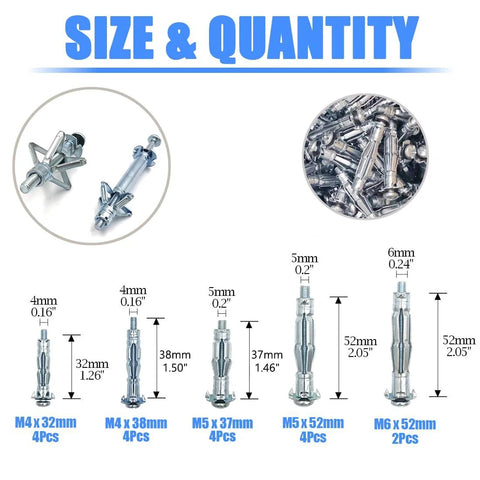 Wall Anchor Setting Tool With 18Pcs Molly Bolt Hollow Drive Screws Assortment Kit showing various bolt sizes and quantities.