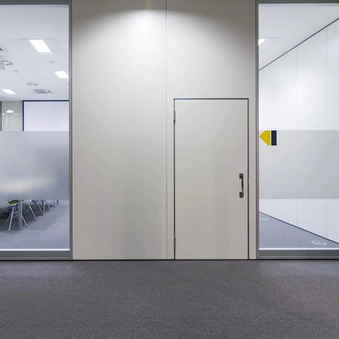 Interior office space with glass walls and visible Heavy Duty Sliding Door Handle Set For Barn, Gate, Closet And Cabinet Black Iron Pulls.