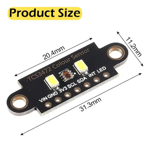 5 Pack TCS3472 RGB Color Sensor Module With IR Filter I2C Interface dimensions, showing 20.4mm by 11.2mm size for Arduino and STM32 projects