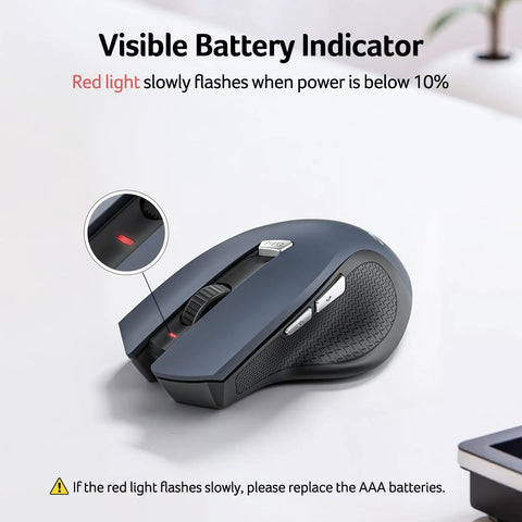 Wireless Mouse For Laptop And PC Desktop With 2.4GHz USB Receiver 6 Buttons And 1600 DPI Adjustable For Medium To Large Hands Cordless No Cable Needed Plug And Play with visible battery indicator flashing red