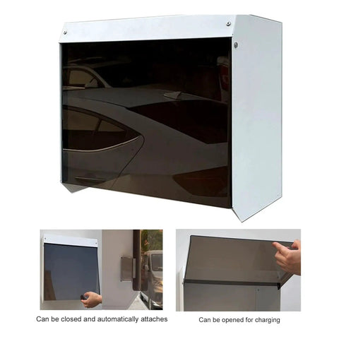 All Weather Steel Awning EV Charger Cover Wall Mount Shield For Universal Outdoor Electric Vehicle Stations showing open and closed positions.