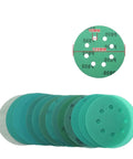 Get Fresh 40 Pc Green Hook And Loop Sanding Discs For Power Tools 5 Inch 125mm showing different grits and venting holes.