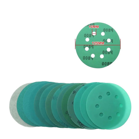 Get Fresh 40 Pc Green Hook And Loop Sanding Discs For Power Tools 5 Inch 125mm showing different grits and venting holes.