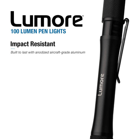 Lumore pocket light close-up showing clip and 100 lumen marking; Pocket Light 4 Pack With 100 Lumen Handheld Flashlights, 2 Hour Runtime, Battery Powered, Waterproof And Durable, Perfect For Everyday Carry, Includes 2 AA Batteries, EDC Ready