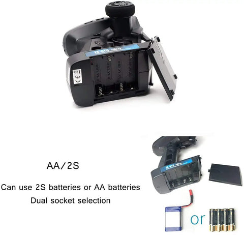 GT5 2.4GHz 6 Channel RC Transmitter battery compartment showing AA/2S battery options and dual socket selection.