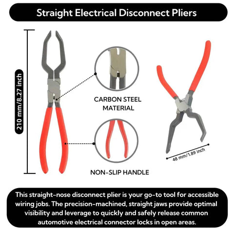 Straight electrical disconnect pliers, carbon steel, non-slip handle, part of All In One Five Piece Automotive Electrical Tool Kit.