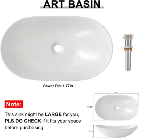Oval Vessel Sink White Porcelain Ceramic Modern Above Counter Bathroom Basin With Pop Up Drain Included 23.6 Inch Long