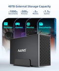 Dual Bay Hard Drive RAID Enclosure With Blazing Fast USB 3.1 10Gbps Speed Supports 2.5 And 3.5 Inch SATA SSD HDD Drives Boasts Plug And Play Installation And Built In Cooling Fan Design, shown with 48TB external storage capacity.