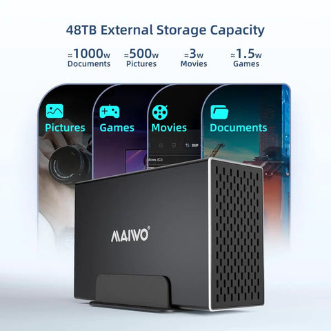 Dual Bay Hard Drive RAID Enclosure With Blazing Fast USB 3.1 10Gbps Speed Supports 2.5 And 3.5 Inch SATA SSD HDD Drives Boasts Plug And Play Installation And Built In Cooling Fan Design, shown with 48TB external storage capacity.