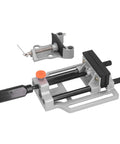 Beefy Clamp Press Vise For Drill Bench With Flat Push Clamping Stainless Steel 100mm Jaw Hand Operated Holding Tool For Precise Drilling Workbench Repair And Parts Securing, angled view