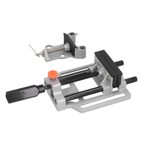 Beefy Clamp Press Vise For Drill Bench With Flat Push Clamping Stainless Steel 100mm Jaw Hand Operated Holding Tool For Precise Drilling Workbench Repair And Parts Securing, angled view
