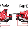 Heavy Duty Hydraulic Disc Brake Set Front And Rear With Two Piston Aluminum Calipers Long Brake Lines For Mountain Road Bicycles Sick Stopping Power Dope Red Finish, showing front and rear calipers.