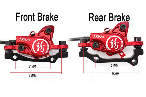 Heavy Duty Hydraulic Disc Brake Set Front And Rear With Two Piston Aluminum Calipers Long Brake Lines For Mountain Road Bicycles Sick Stopping Power Dope Red Finish, showing front and rear calipers.