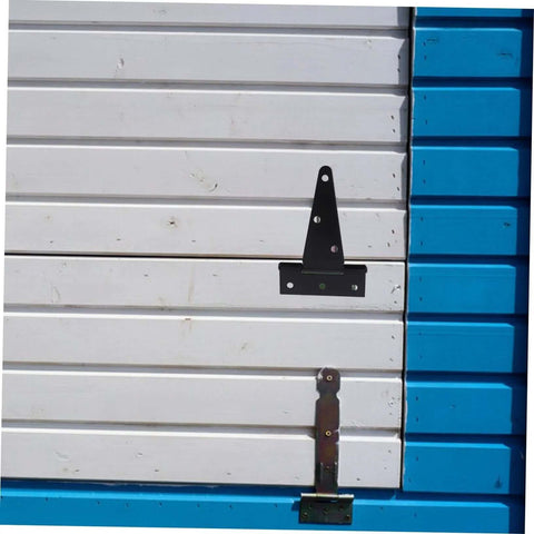 CATIEBYE heavy-duty slotted gate hinge set in black metal mounted on white shed siding