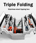 Top Shelf Folding Portable Stainless Steel Tool Box And Multifunctional Organizer Set Heavy Duty Garage Storage For Cars And Workshops Built Tough With Wide Open Access And No Fuss, showcasing tools in a stainless steel tipping box.