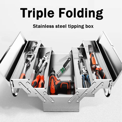 Top Shelf Folding Portable Stainless Steel Tool Box And Multifunctional Organizer Set Heavy Duty Garage Storage For Cars And Workshops Built Tough With Wide Open Access And No Fuss, showcasing tools in a stainless steel tipping box.