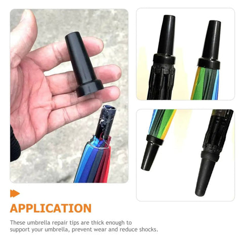 Dead Simple Umbrella Tip Caps 2 Pack Replacement Top Covers For Patio Umbrellas held in hand with different angles of use on umbrella.