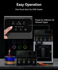 No Sweat 3D Printer Filament Drying Heater Kit Upgrades Bambu Lab AMS Gen One control panel showing settings and preset options.