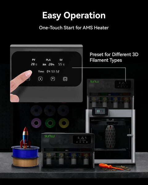 No Sweat 3D Printer Filament Drying Heater Kit Upgrades Bambu Lab AMS Gen One control panel showing settings and preset options.