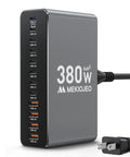 All In One 12 Port Aluminum GaN Charging Station 380W Fast USB C Charger Block With 65W Laptop PD, gray, angled front view