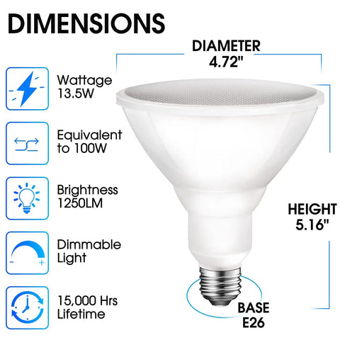 Bright Outdoor PAR38 LED Flood Light Bulb 1250 Lumen, 13.5W Equivalent to 100W, Dimmable, 3000K warm white, CRI90, E26 Base, dimensions