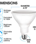 Pack Of 12 1250LM Par38 LED Flood Light Bulbs For Outdoor Use, 5000K Daylight White, 100W Equivalent, Dimmable, Dimensions 4.72x5.16"