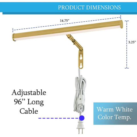 Sleek Slimline Picture Light for Artwork Displays with Integrated LED, 14 Inch Adjustable Wall Light, polished brass, 8-ft cord