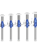 Premium Carbide Drawing Line Router Bit Featuring Solid 1/4 Inch Or 6mm Shank For Smooth Woodworking With Curved Profiles In R1.5 To R4 Sizes set of multiple bits with dimensions.