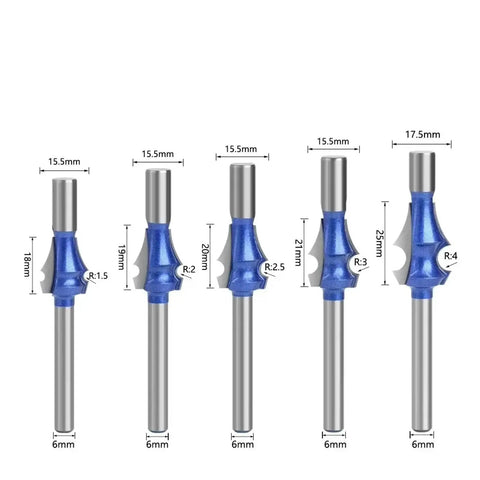 Premium Carbide Drawing Line Router Bit Featuring Solid 1/4 Inch Or 6mm Shank For Smooth Woodworking With Curved Profiles In R1.5 To R4 Sizes set of multiple bits with dimensions.