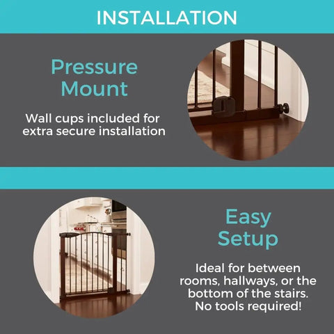 Installation of Stone Arch Auto Close Baby Gate For Doorways, bronze metal safety gate with pressure mount in a hallway.