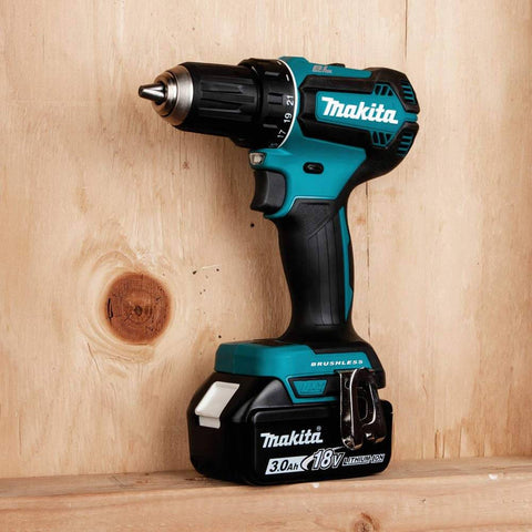 18V LXT Brushless Cordless Half Inch Drill Driver Kit With 3.0Ah Battery shown upright on wooden surface