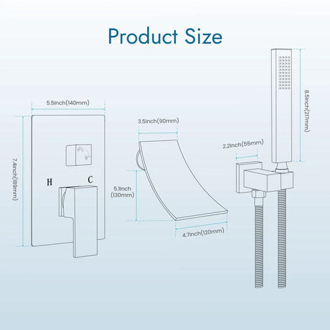 Technical drawing showing the dimensions of Waterfall Bathtub Faucet Wall Mounted Tub Filler With Handheld Shower Spout
